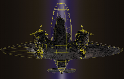 A digital rendering of an aeroplane viewed from below, combined with a yellow grid outline that highlights the shape and structure of the fuselage, wings and engines, set against a dark background with a violet glow.