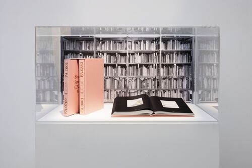 Eine Ausstellungs­vitrine zeigt drei rosa Buchboxen, die aufrecht nebeneinander stehen, jeweils mit schwarzen Signaturen auf dem Rücken. Daneben liegt ein großformatiges, geöffnetes Buch mit schwarzem Einband auf einer ebenfalls rosa Unterlage. Im Hintergrund befindet sich eine großflächiges schwarz‑weißes dicht gefüllten Bücherregal.