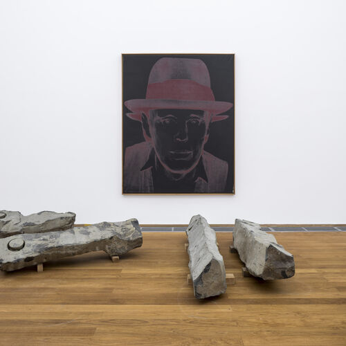 Ein von Andy Warhol gemaltes Porträt zeigt Joseph Beuys. Es hängt an der Wand vor dem Werk "Das ist das Ende des 20. Jahrhunderts" von Beuys. Dieses besteht aus 44 Steinen die von einem erloschenen Vulkan abgetragen wurden.