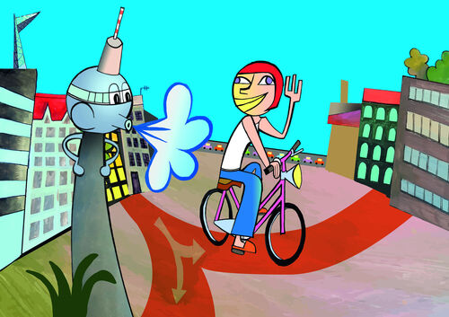 Im Comicstil ist vor blauem Himmel eine Radfahrerin zu sehen, die auf einem Radweg in der Stadt fährt. Ein vermenschlichter Berliner Fernsehturm pustet ihr Rückenwind zu. Am Horizont eine Straße mit vielen Autos und Häuser.