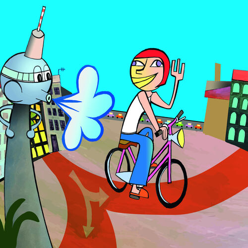 Im Comicstil ist vor blauem Himmel eine Radfahrerin zu sehen, die auf einem Radweg in der Stadt fährt. Ein vermenschlichter Berliner Fernsehturm pustet ihr Rückenwind zu. Am Horizont eine Straße mit vielen Autos und Häuser.