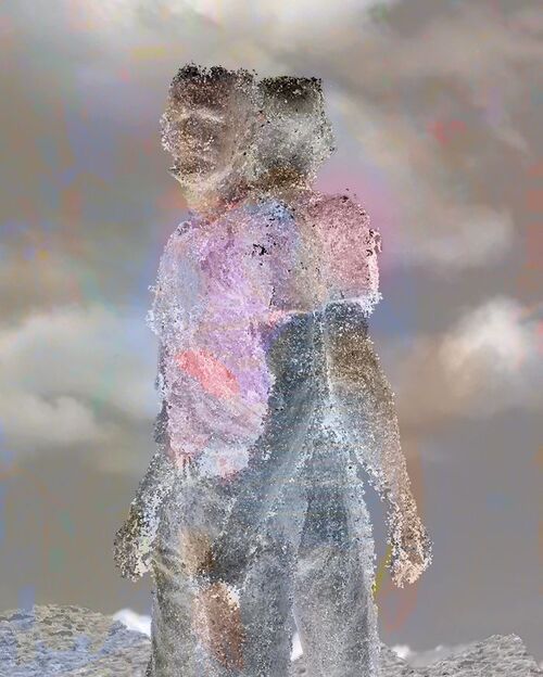 A digitally alienated portrait of a man with negative colors and transparent overlays. His body appears distorted, almost ghostly. Against a cloudy sky, the figure appears surreal, as if floating between reality and illusion, its contours blurred and creating a dreamlike atmosphere.