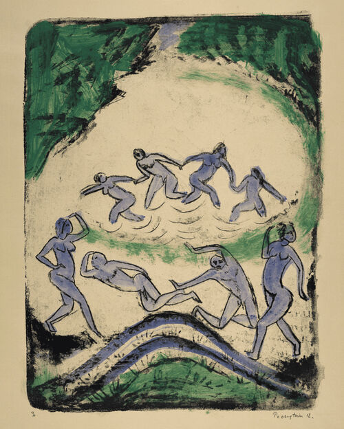 Fröhlich badende Menschen an einem See, der von grüner Vegetation umgeben ist und die Sommerfrische im Gemälde Der Tanz von Max Pechstein symbolisiert