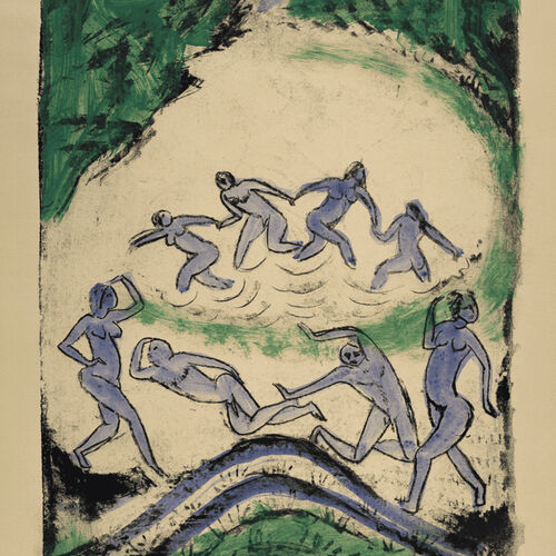 Fröhlich badende Menschen an einem See, der von grüner Vegetation umgeben ist und die Sommerfrische im Gemälde Der Tanz von Max Pechstein symbolisiert