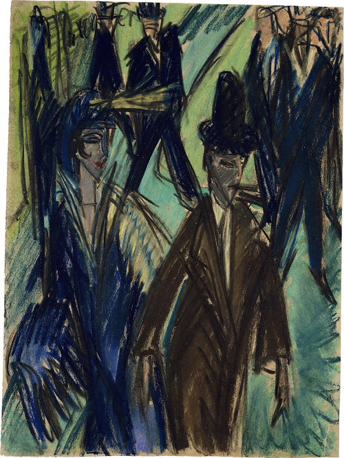 In expressiven Pastellfarben dargestellte Passanten laufen eilig in einer Straßenszene von Ernst Ludwig Kirchner aneinander vorbei
