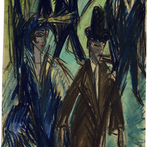 In expressiven Pastellfarben dargestellte Passanten laufen eilig in einer Straßenszene von Ernst Ludwig Kirchner aneinander vorbei