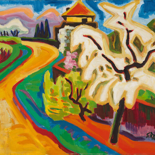 Ein von reicher Vegetation gesäumter Weg führt durch die Landschaft zu einem Haus im Hintergrund in eindrucksvollen expressionistischen Farben im Gemälde Taunusfrühling von Karl Schmidt-Rottluff
