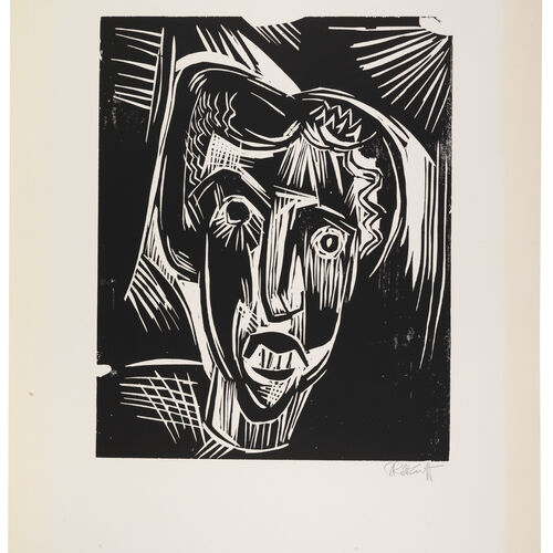 Der Holzschnitt von Karl Schmidt-Rottluff zeigt den Frauenkopf R.S., wobei das Motiv durch starke Hell-Dunkel-Kontraste sowie durch die ausdrucksstarke Ausführung in abstrahierenden und eher groben Formen gekennzeichnet ist