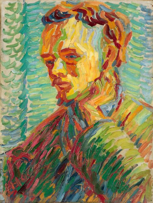 Das Gemälde Mann in jungen Jahren von Erich Heckel zeigt den Künstler im Selbstporträt in nachdenklicher Pose mit angewinkeltem Arm in hell leuchtenden und neoimpressionistischen Farben