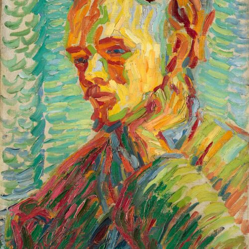 Das Gemälde Mann in jungen Jahren von Erich Heckel zeigt den Künstler im Selbstporträt in nachdenklicher Pose mit angewinkeltem Arm in hell leuchtenden und neoimpressionistischen Farben