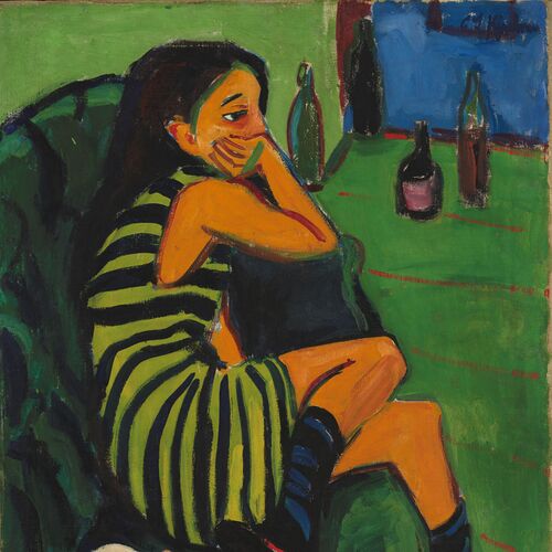 Das 10jährige Mädchen Fränzi auf dem Gemälde Artistin von Ernst Ludwig Kirchner auf dem sie seitlich mit angewinkeltem Arm und Bein auf einem grünen Sofa neben einer Katze sitzt