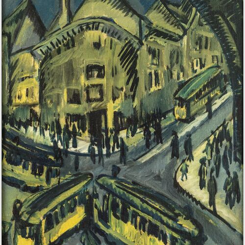 Das Gemälde Nollendorfplatz von Ernst Ludwig Kirchner ist in grün-gelben Farbtönen gemalt und zeigt eine lebendige Straßenkreuzung mit Trambahnen, Hausfassaden und vielen Passanten