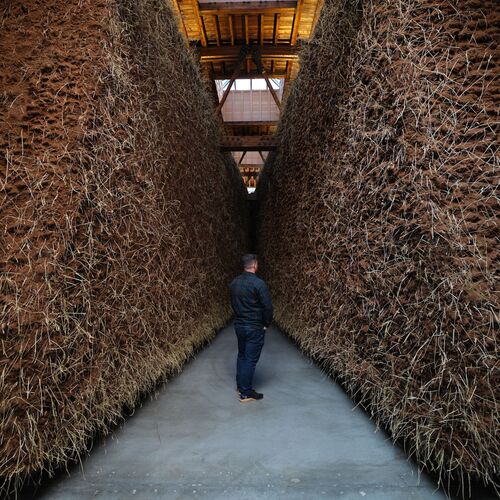 In der Installationsansicht El abrazo von Delcy Morelos befinden sich in einer großen Halle zwei riesige heckenartige Gebilde aus Naturmaterialien, die sich in der Tiefe des Raums berühren und die in der Mitte stehende männliche Person umschließen